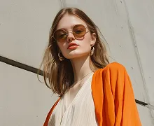Young woman wearing sunglasses, gold hoop earrings, a white top, and an orange jacket against a gray wall.