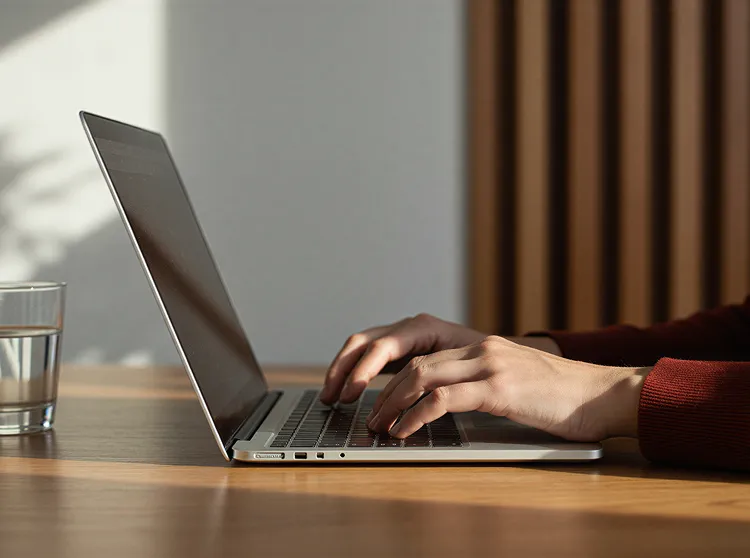 Hands typing on a laptop keyboard on a wooden table with a glass of water nearby.