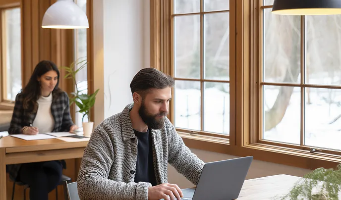 Man and woman working on laptops at wooden desks by large windows with snowy outdoor view.