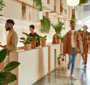 Modern office reception with potted plants and three people walking and standing inside.