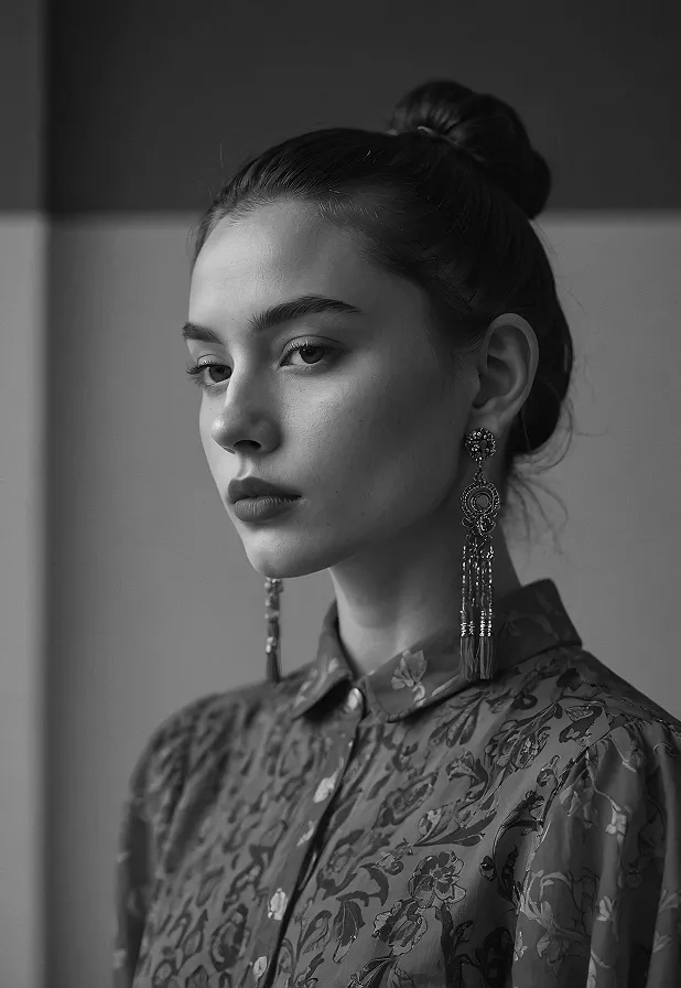 Black and white portrait of a woman with hair in a bun and long decorative earrings wearing a floral blouse.