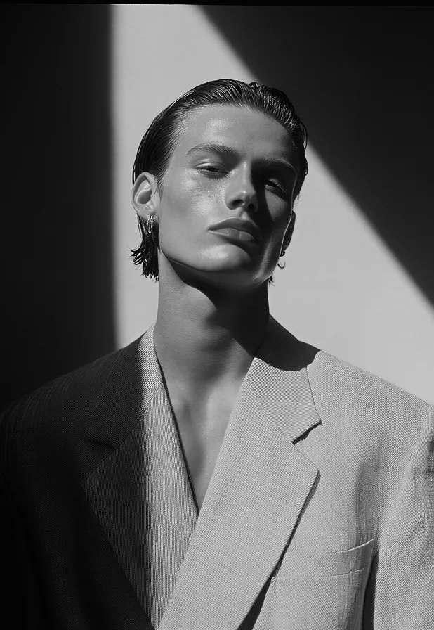 Black and white portrait of a young person with slicked-back hair wearing a blazer in shadowed light.