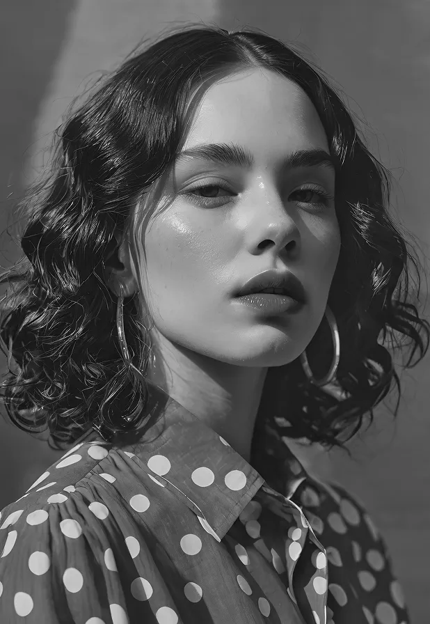 Black and white portrait of a young woman with curly hair wearing large hoop earrings and a polka dot blouse.