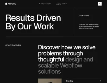Website page with text about results-driven work, solving problems with design and scalable Webflow solutions.