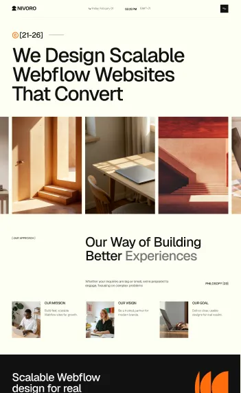 Website homepage titled 'We Design Scalable Webflow Websites That Convert' with photos of modern interiors and workspaces.
