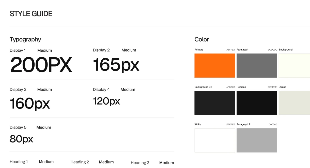 Style guide showing typography sizes from 200px to 80px and color palette with primary, background, heading, stroke colors.