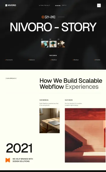Nivoro story webpage header and 2021 section showing mission to build scalable Webflow experiences.