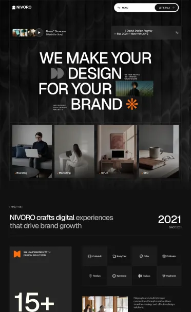 Website header stating We make your design for your brand with images of branding, marketing, UI/UX, and SEO services.