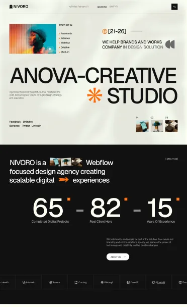 Nivoro ANOVA-CREATIVE STUDIO webpage highlighting design agency stats and digital projects.