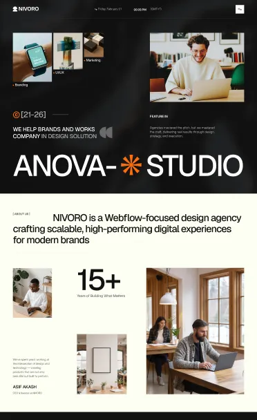 NIVORO design agency homepage showing digital design services and team working on laptops.