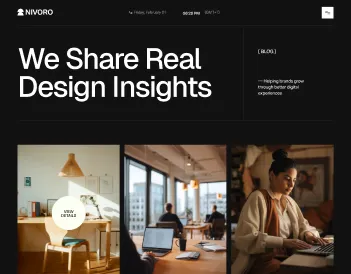 Website header with 'We Share Real Design Insights' text and photos of office workspace and woman working.