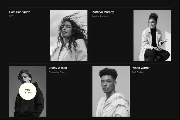 Black and white portraits of four team members with their names and job titles on a dark background.