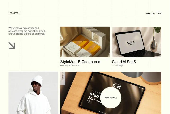 Web page showing projects with images of product packaging, laptop mockup, man in white hoodie, and iPad display.