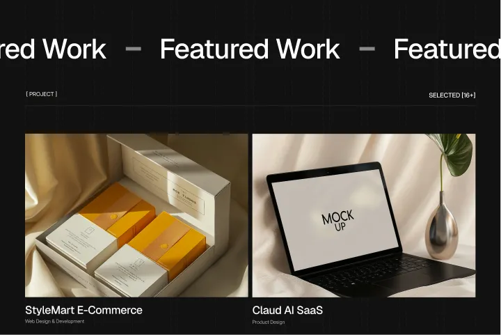 Screen showing StyleMart E-Commerce packaging and a laptop with mock-up text beside a plant vase.