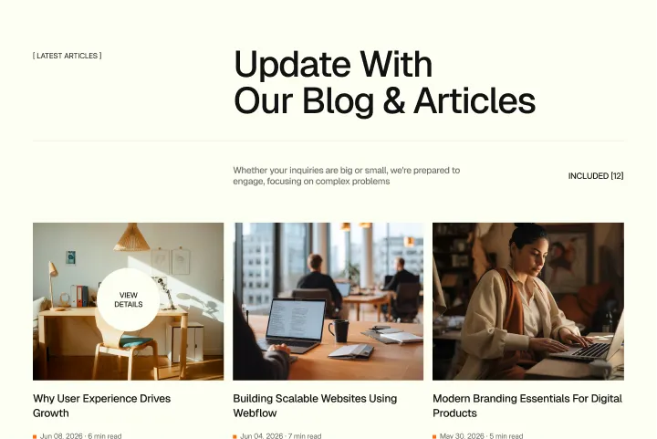 Blog page with articles on UX growth, scalable websites using Webflow, and modern digital product branding.
