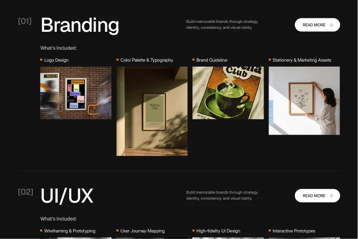 Branding section showing logo design, color palette, brand guideline, and marketing assets examples.