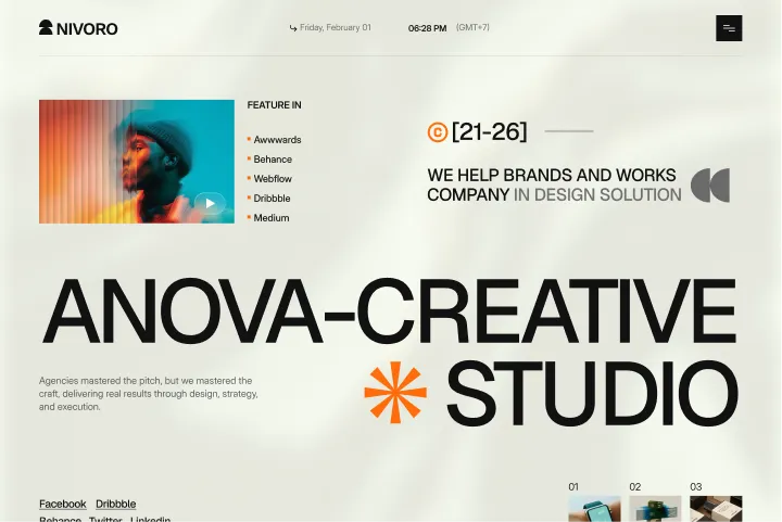 Webpage header for Anova-Creative Studio with logo, featured platforms, and a blurred portrait video thumbnail.