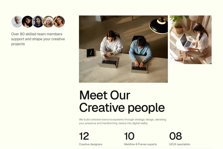 Top view of two people working on laptops at a table with inset portraits and a woman using laptop by window.