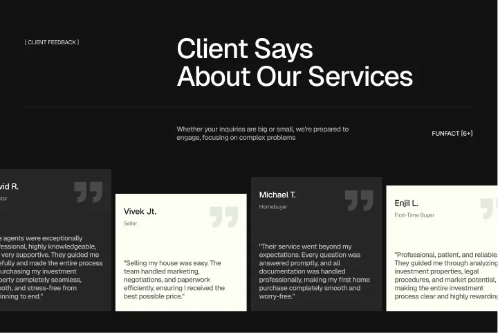 Client testimonials about services highlighting ease, professionalism, and smooth home purchasing experiences.