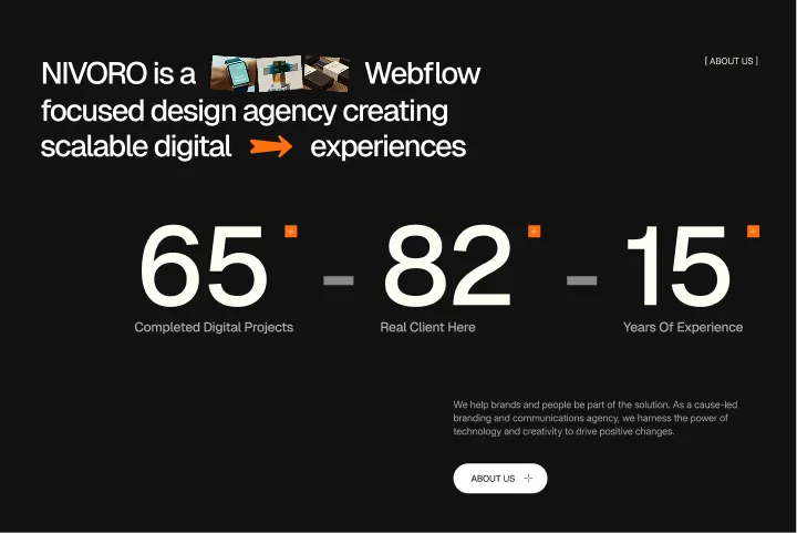 Nivoro is a Webflow design agency with 65 projects, 82 clients, 15 years experience, offering scalable digital experiences.