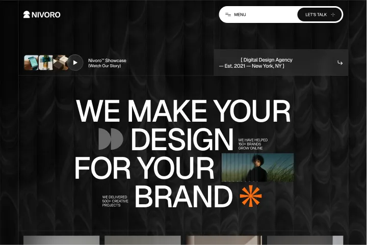 Website header with text 'We make your design for your brand' on dark textured background.