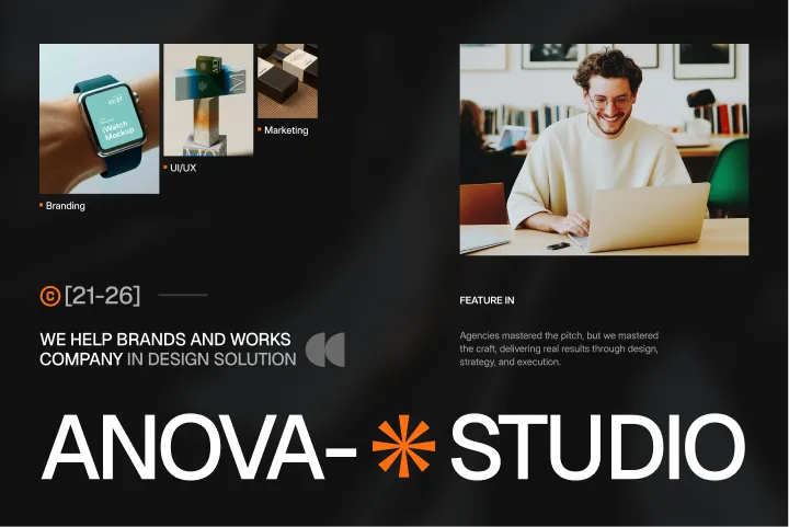 Graphic showing branding, UI/UX, marketing images with text about design solutions at Anova Studio.