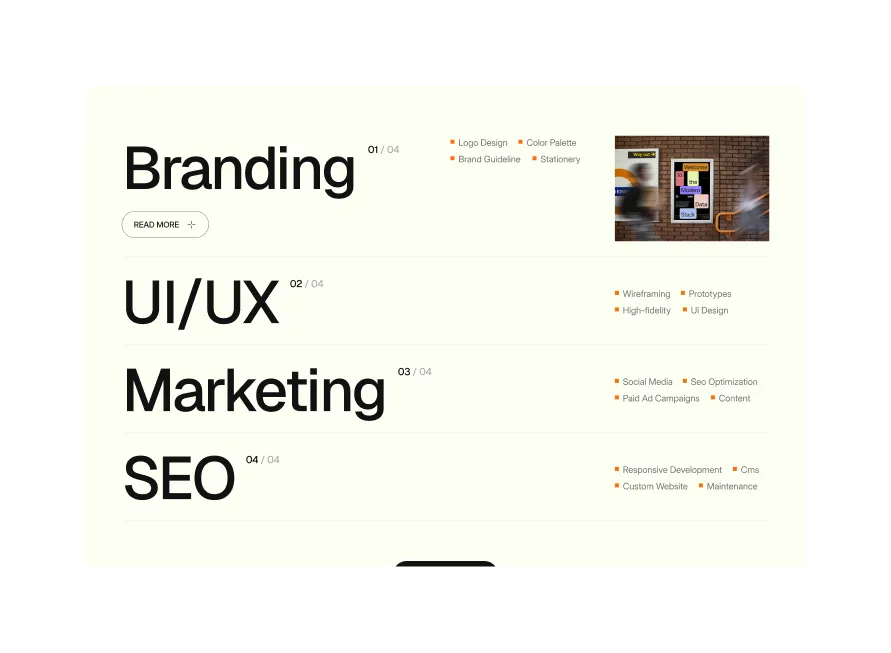 List showing services: Branding, UI/UX, Marketing, SEO with corresponding tasks and a blurred subway-style poster.