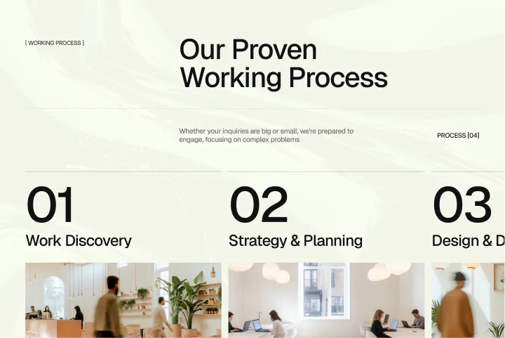 Workflow infographic showing steps: Work Discovery, Strategy & Planning, Design & Development, Testing & Launch.
