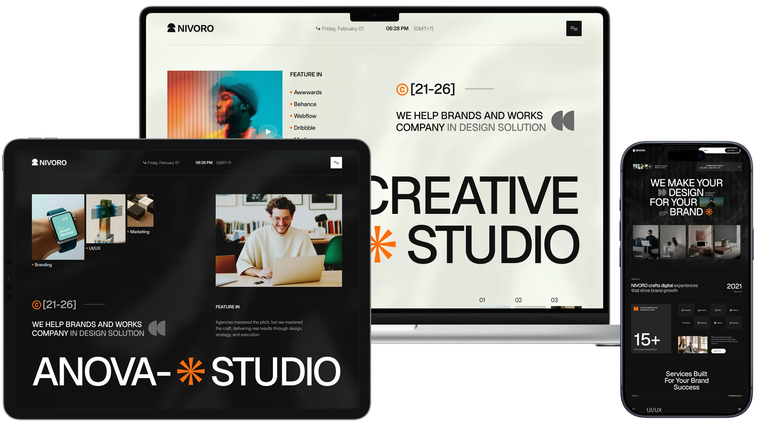 Responsive web design shown on laptop, tablet, and smartphone screens for a creative studio.