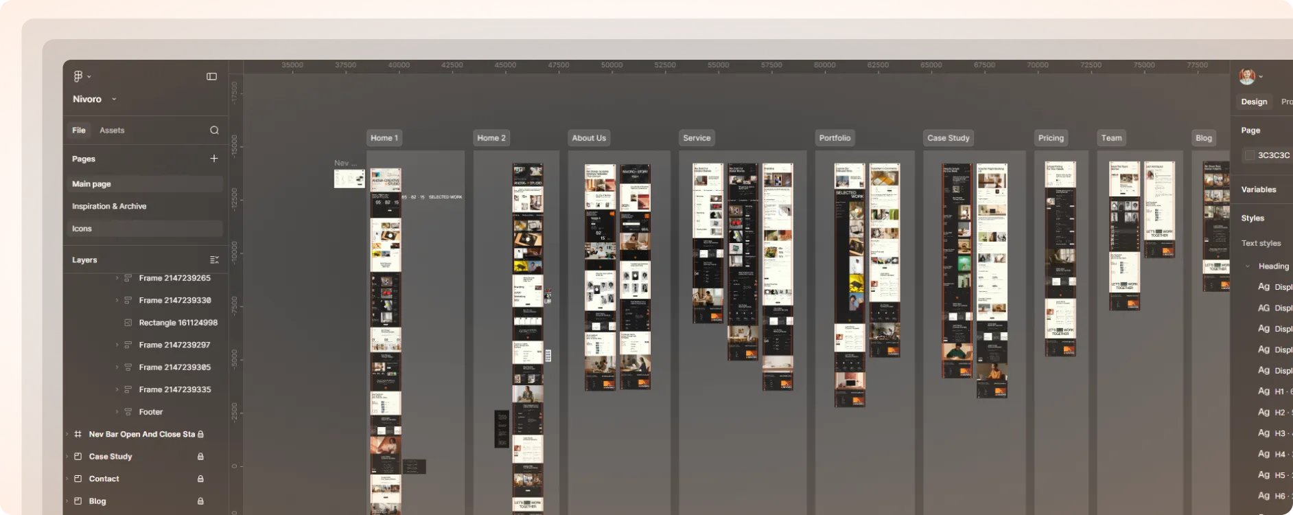 Website design project with multiple labeled webpage frames in a dark UI interface for editing.
