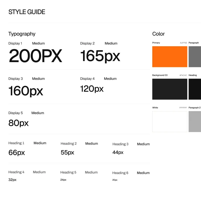 Style guide showing typography sizes from 200px to 20px and color swatches including orange, black, white, and gray.