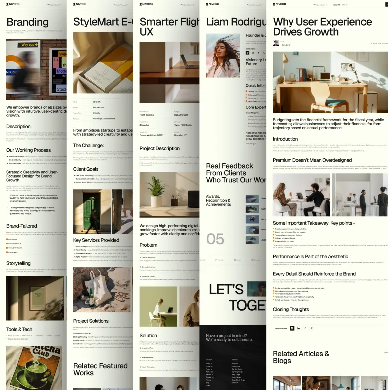 Five web page layouts showcasing branding, e-commerce, UX, client profile, and user experience articles.