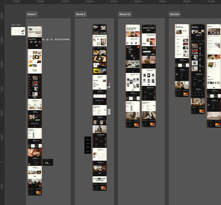 Multiple vertical webpage design mockups labeled Home 1, Home 2, About Us, and Service on a dark gray background.