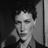 Black and white portrait of a person with short curly hair wearing an earring, looking at the camera.