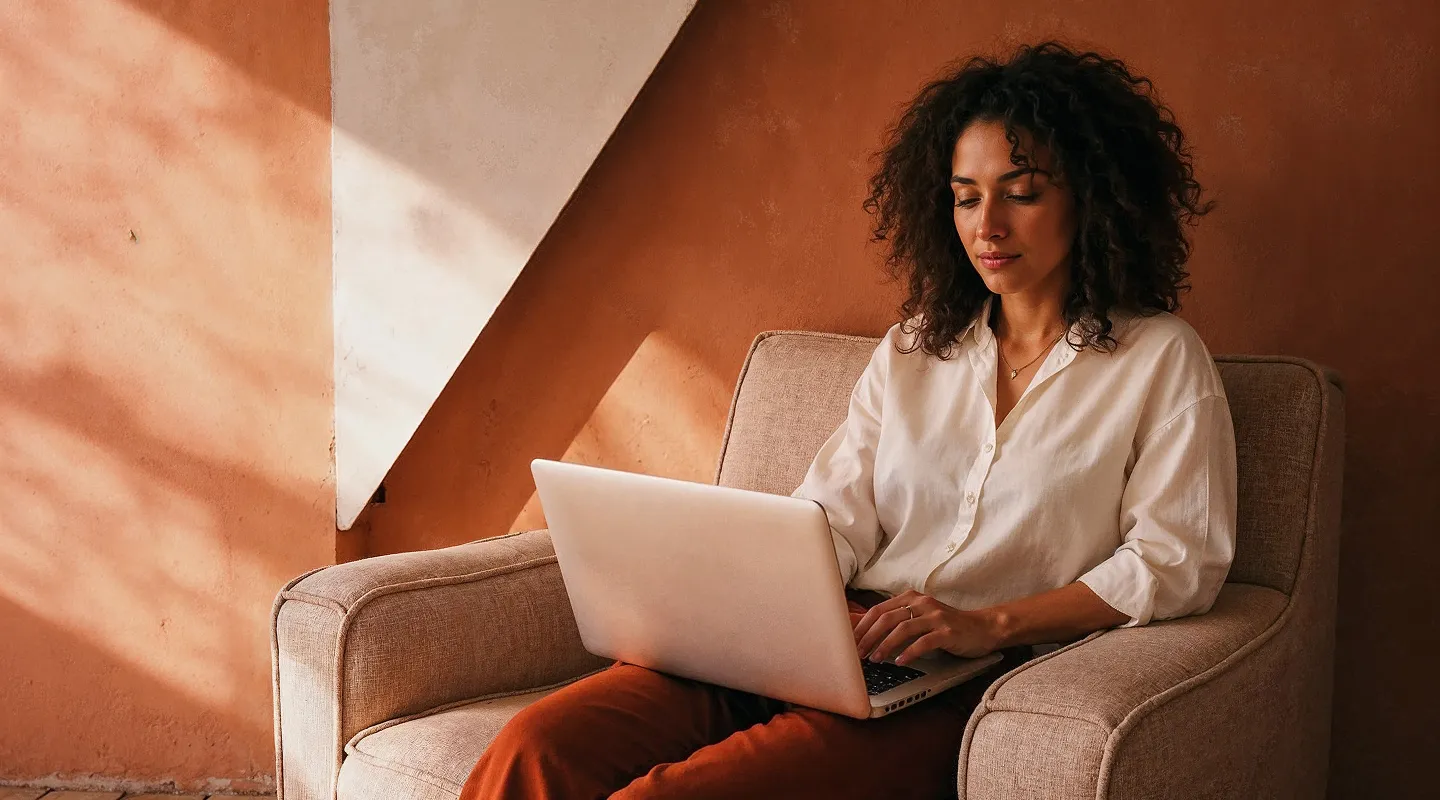 Woman with curly hair in white shirt sitting on beige armchair using laptop against terracotta wall.
