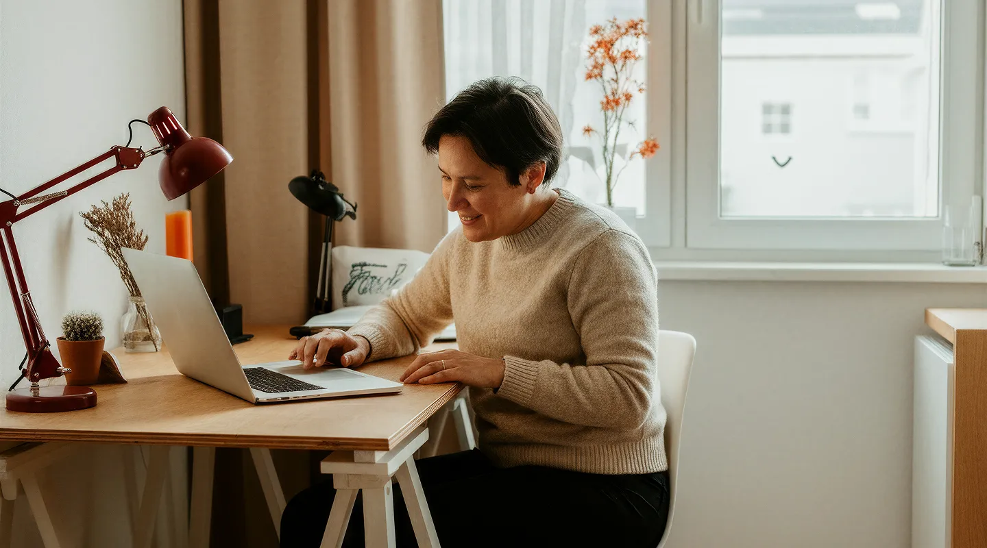 Smiling person in beige sweater sitting at desk using laptop in a cozy room with natural light.