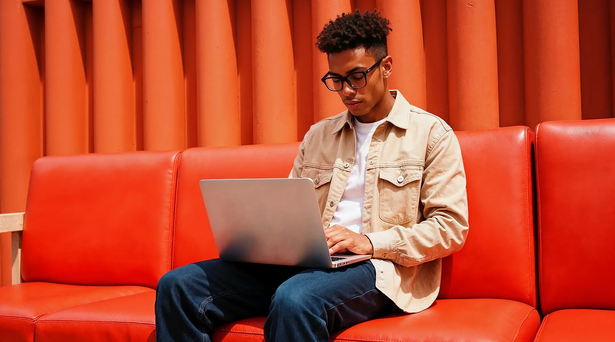 Young man wearing glasses sitting on red couch working on laptop with orange curtain background.