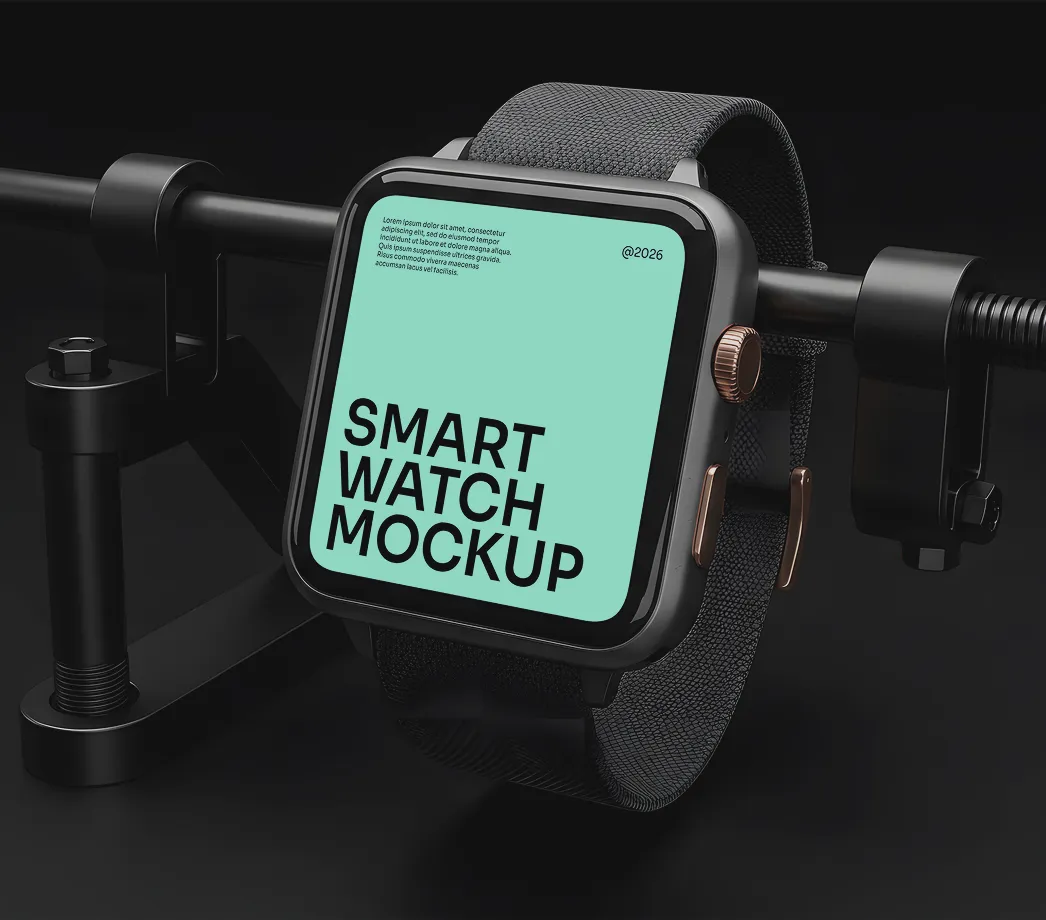 Black smart watch with fabric strap displayed on stand with screen reading Smart Watch Mockup.