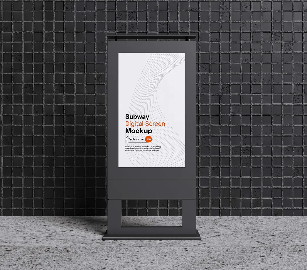 Subway digital screen mockup display on a stand against a black tiled wall and concrete floor.