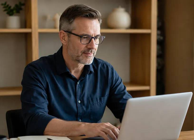Man wearing glasses working on a laptop at a desk with wooden shelving in the background.