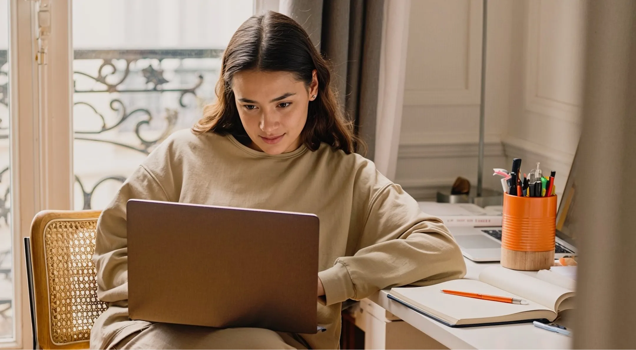 Woman in beige sweater working on a laptop at a desk with an open book and pen.