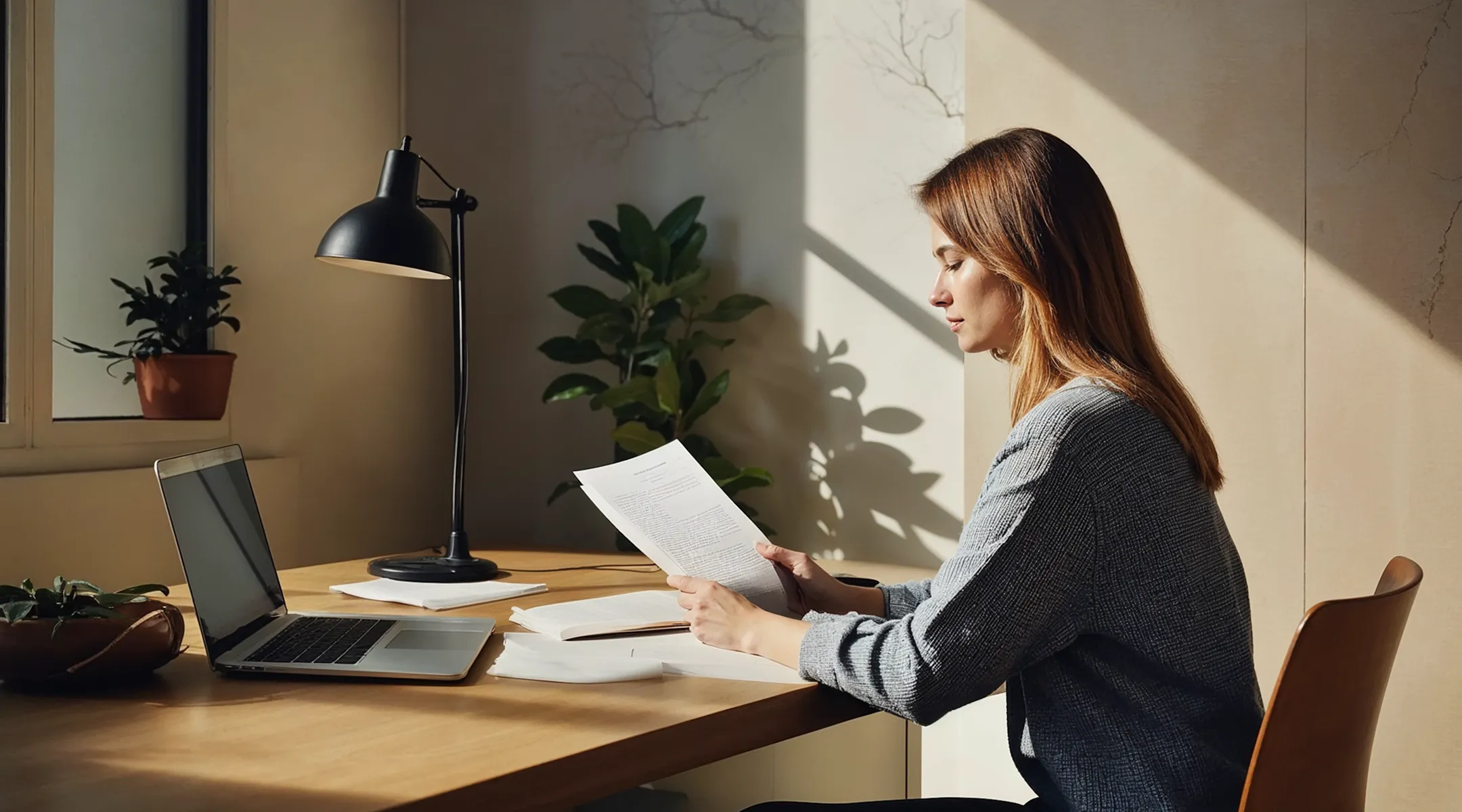 Young woman sitting at desk reading documents with a laptop and desk lamp nearby in sunlight.