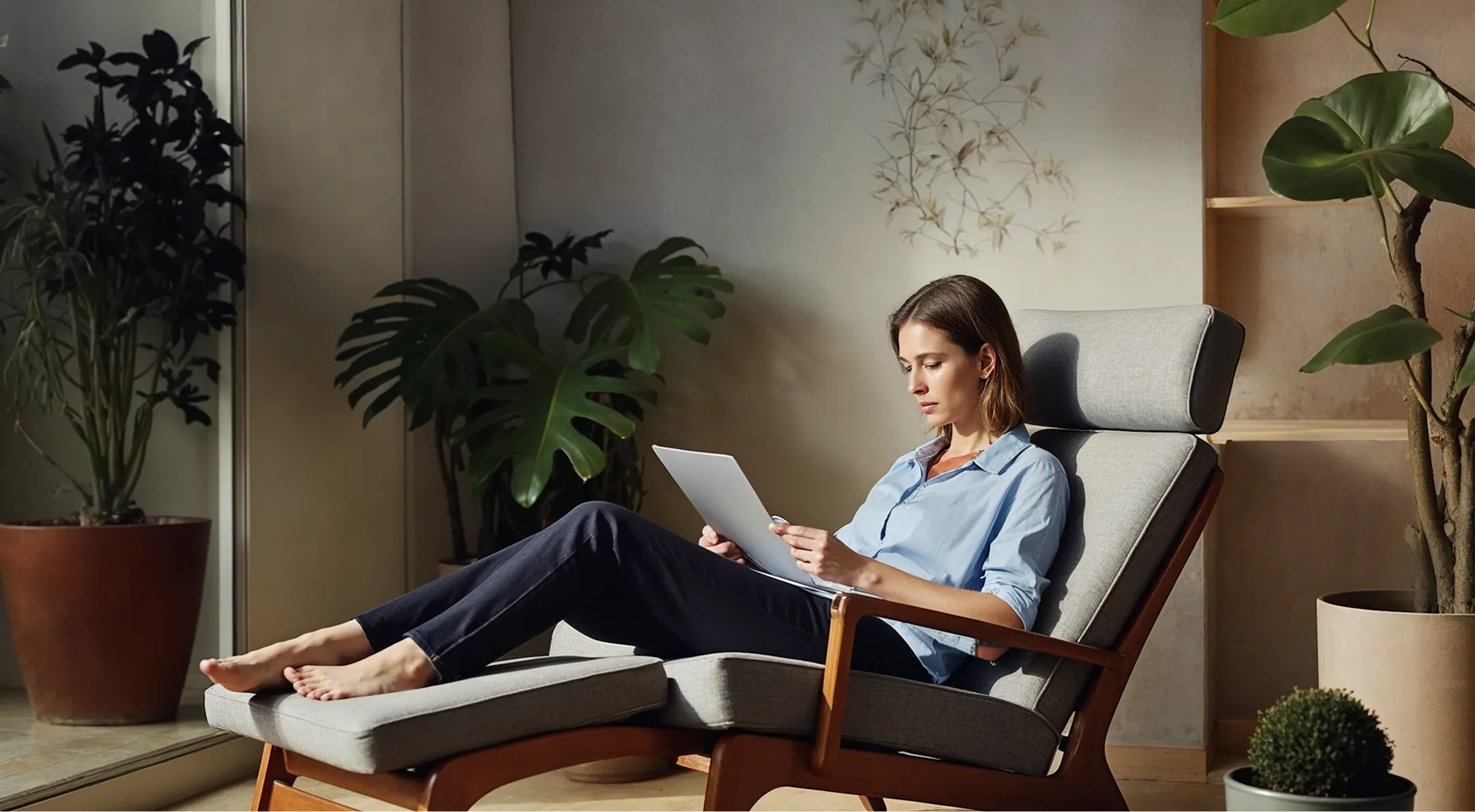 Woman in blue shirt reading a document while sitting barefoot on a gray lounge chair indoors.