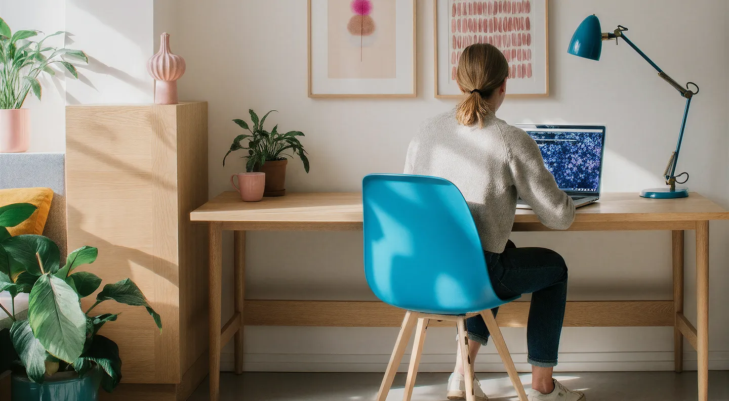 Person sitting on a blue chair at a wooden desk working on a laptop in a sunlit room with plants.