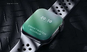 Close-up of a smartwatch with a black perforated strap displaying 20:30 and 'Smartwatch Mockup'.