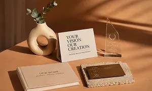 Desk with a round vase holding eucalyptus, an award plaque, a card reading 'Your Vision Our Creations', and two notebooks.