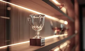 Silver trophy cup with star-shaped handles on a wooden shelf with warm backlighting.