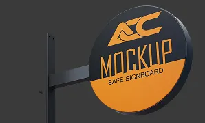 Round black and orange mockup signboard mounted on a metal arm.
