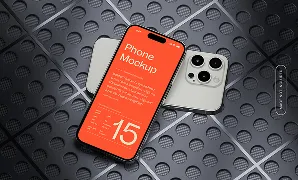 Two smartphones on textured surface, one showing orange screen with 'Phone Mockup' text and number 15.