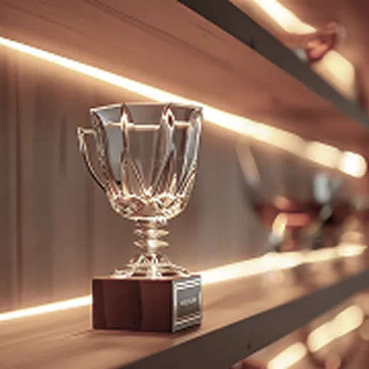 Silver trophy cup on a wooden shelf with soft warm lighting and blurred trophies in background.